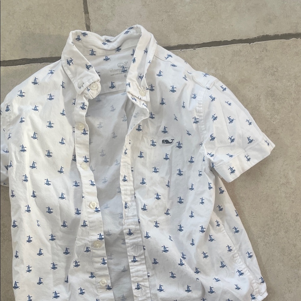 Vineyard Vines White Shirt with Blue Sailboat Print